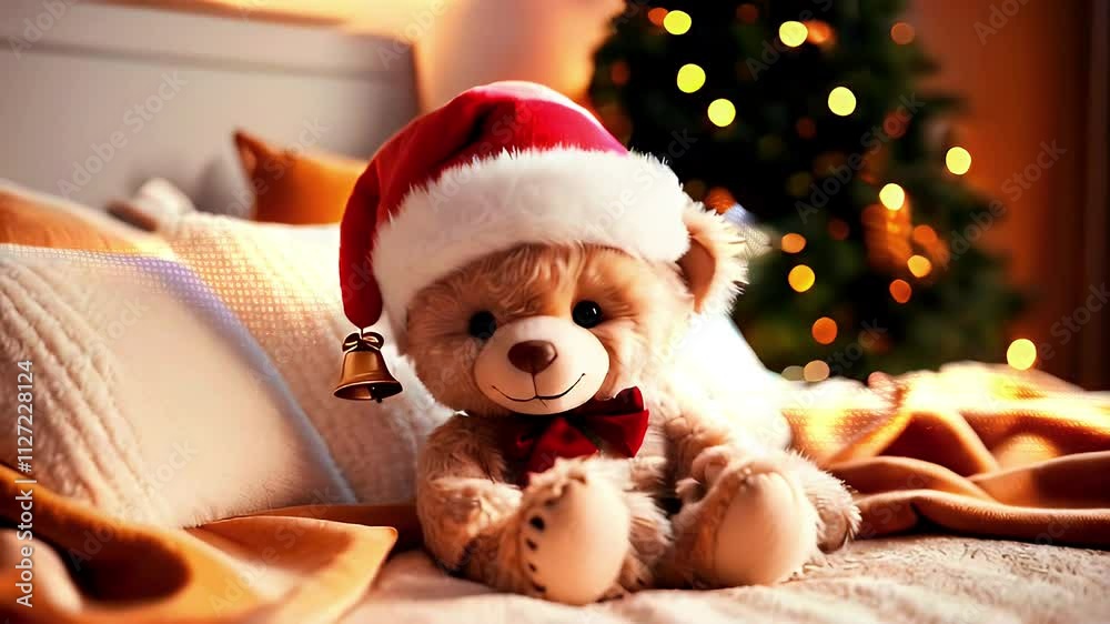 A festive teddy bear wearing a Santa hat, surrounded by holiday decorations.