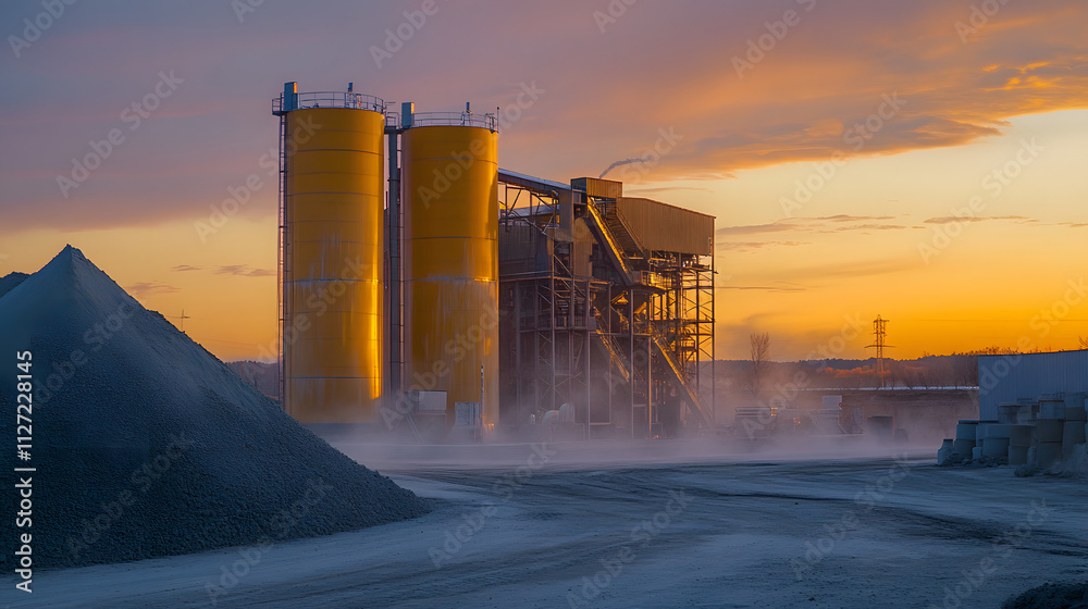 Obraz premium Sunset over an industrial plant with large silos and piles of aggregate.