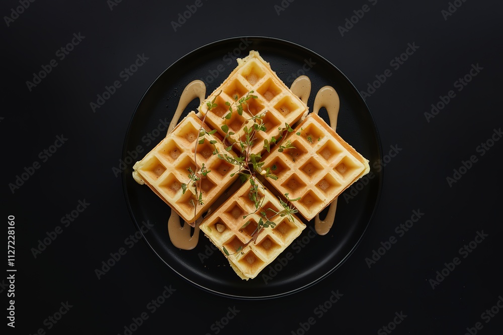 a plate of savory waffles, garnished with fresh herbs and drizzled with a light brown sauce a plate of savory waffles, garnished with fresh herbs and drizzled with a light brown sauce