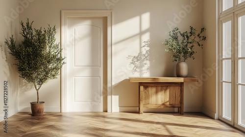 Minimalist Design of a Bright Entrance Hall with Wooden Table