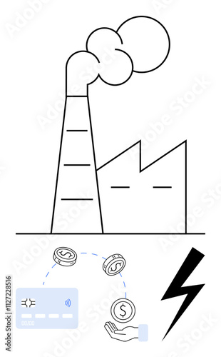 Industrial factory with smoking chimney, financial transaction symbols, electricity bolt. Ideal for energy management, industrial economics, sustainability, fintech, manufacturing, renewable energy