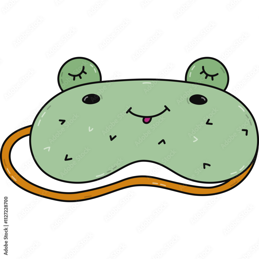 Cute colorful doodle sleeping mask in the shape of frog head. Funny childish animal eye mask with dreaming toad. Hand drawn vector bedtime accessory for comfort night. Clipart isolated on background. Cute colorful doodle sleeping mask in the shape of frog head. Funny childish animal eye mask with dreaming toad. Hand drawn vector bedtime accessory for comfort night. Clipart isolated on background.