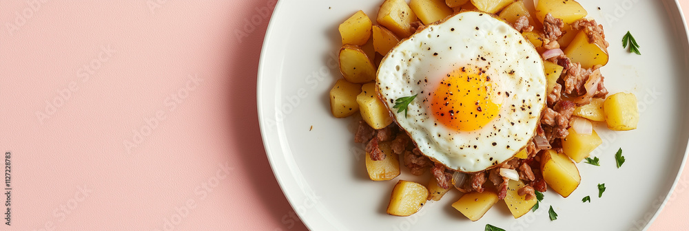 Sunny-side up egg on crispy diced potatoes with bacon and parsley garnish Sunny-side up egg on crispy diced potatoes with bacon and parsley garnish