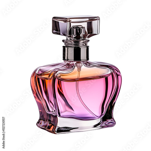 Transparent glass perfume bottle with golden cap isolated on white background: Elegant glass perfume bottle with smooth golden cap filled with light blue scent exuding sophistication isolated on white