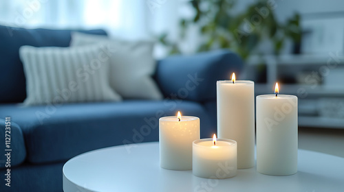 Blue Sofa and Candlelit Coffee Table in Scandinavian Style