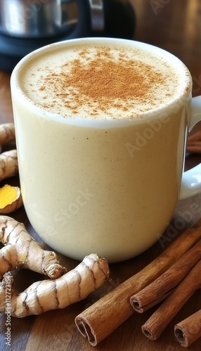 A creamy beverage topped with cinnamon, surrounded by ginger and cinnamon sticks. photo