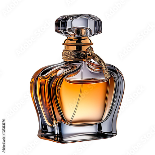 Transparent glass perfume bottle with golden cap isolated on white background: Elegant glass perfume bottle with smooth golden cap filled with light blue scent exuding sophistication isolated on white