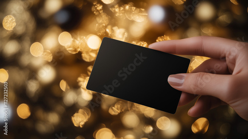 A perfectly balanced shot of a black gift card with a subtle sheen, held by a hand in front of a golden, glowing background filled with refined decorations.