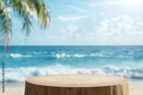Empty wooden podium displaying products on beautiful tropical beach with palm tree, ocean, and blue sky providing ideal backdrop for showcasing summer essentials