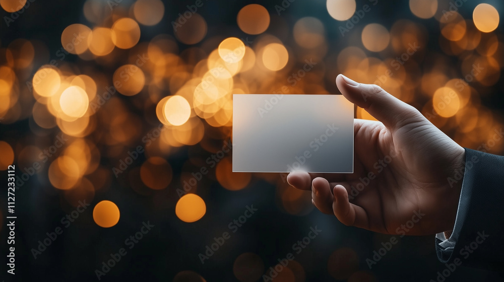 A hand with simple yet elegant gestures showcasing a blank transparent card, surrounded by golden and amber bokeh that exudes professionalism. A hand with simple yet elegant gestures showcasing a blank transparent card, surrounded by golden and amber bokeh that exudes professionalism.