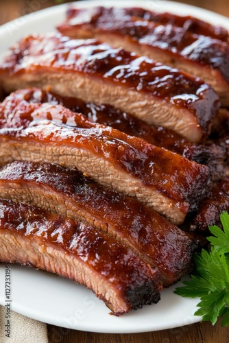 Deliciously glazed barbecue ribs ready for serving at dinner