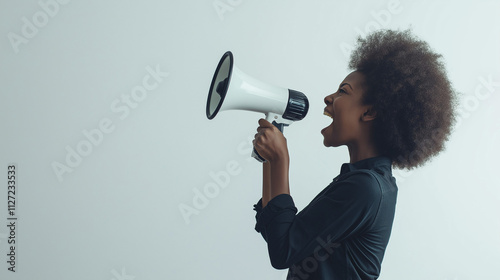 Side view of a woman speaking into a megaphone, showcasing the concept of communication, advocacy, and empowerment. Ideal for themes related to announcements, leadership, and public speaking.