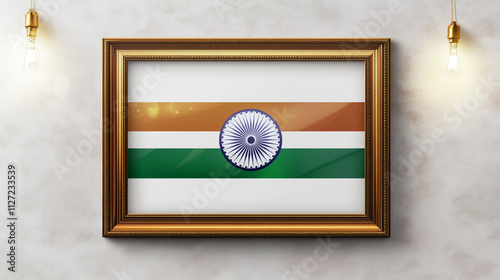 A framed picture of a vibrant flower, with the symbol of India subtly placed in the corner, reflecting the country’s rich cultural heritage. photo