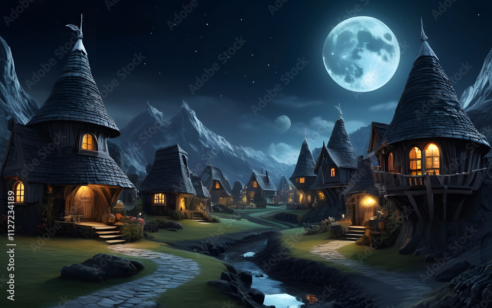 Fototapeta premium An enchanted village on the dark side of the moon