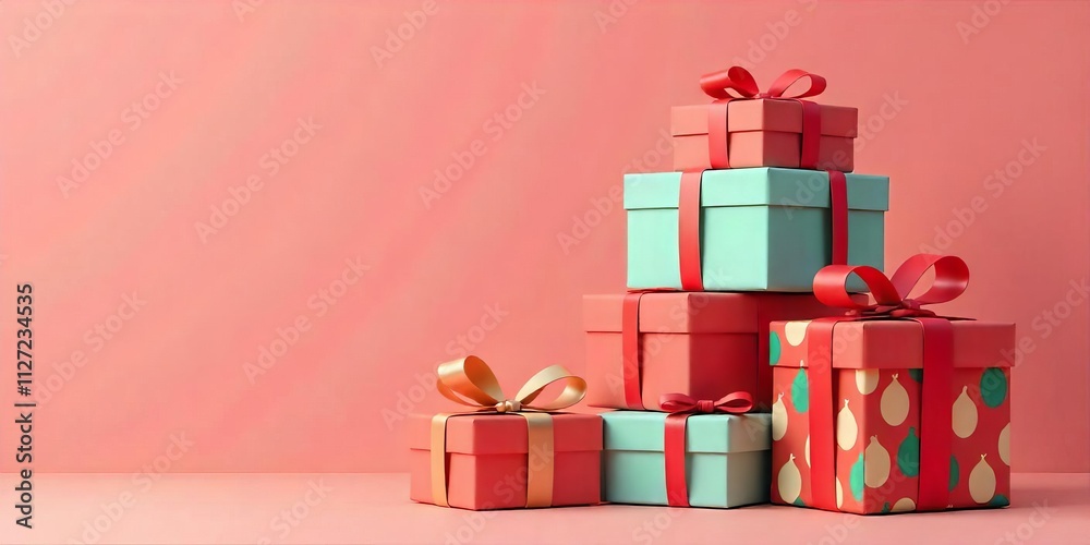 Obraz premium Stack of Colorful Gift Boxes on a Pink Background