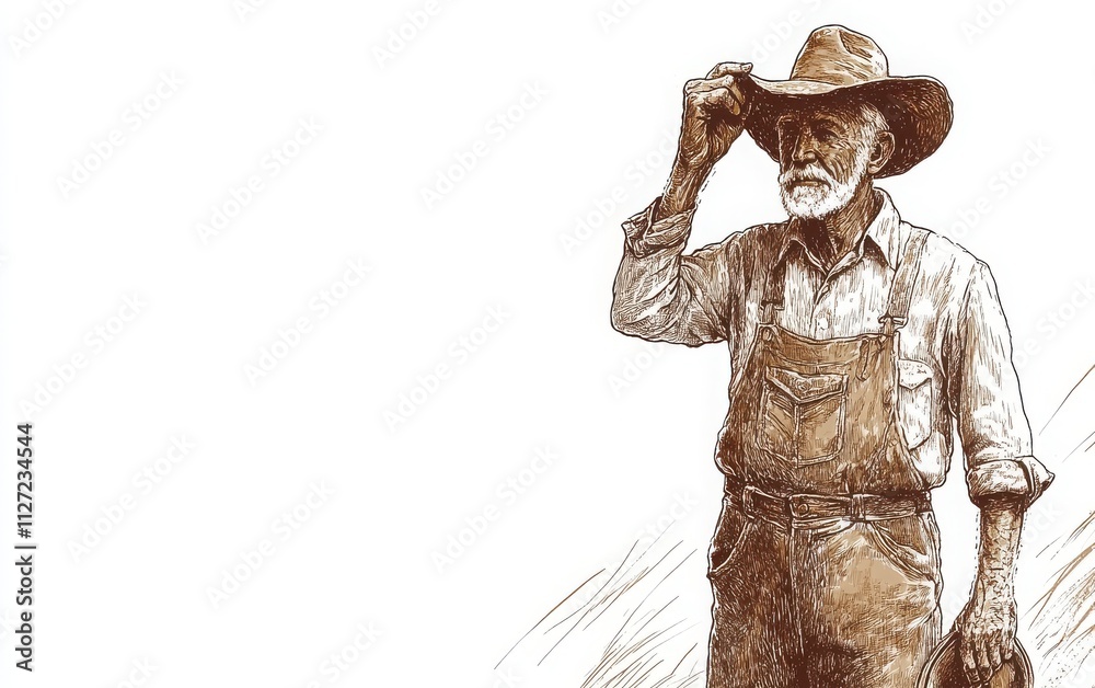 Fototapeta premium A brown ink vintage illustration of an old farmer in overalls, holding his hat with one hand and looking ahead, drawn with detailed shading and textures