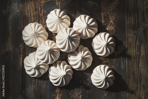 A photo of a dozen vanilla meringue cookies isolated on a dark wooden background