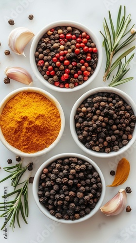 Spices scattered on the table, white surface