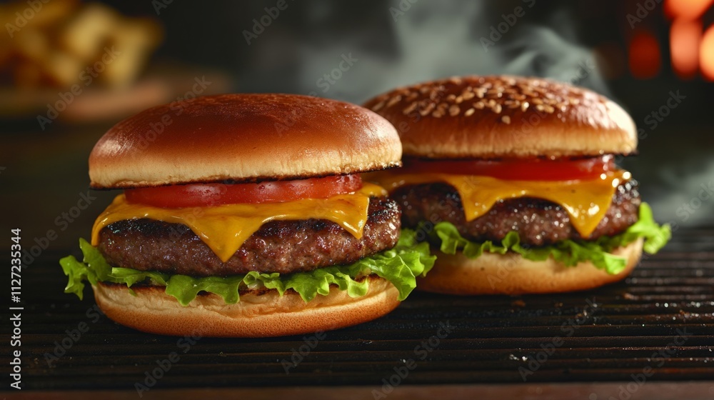 Delicious cheeseburgers with fresh toppings and steaming patties for a tempting meal Delicious cheeseburgers with fresh toppings and steaming patties for a tempting meal