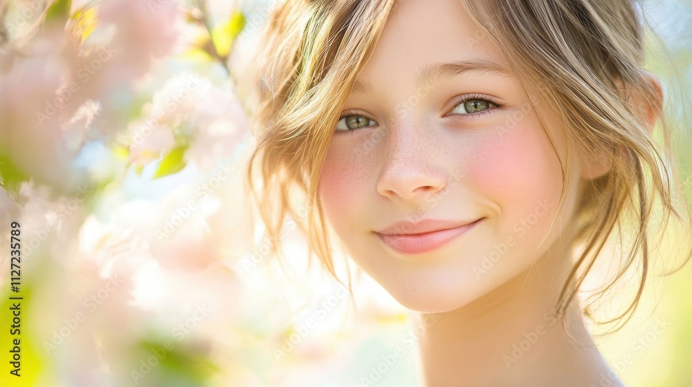 Radiant Youth: Portrait of Smiling Young Girl with Blossoms Radiant Youth: Portrait of Smiling Young Girl with Blossoms