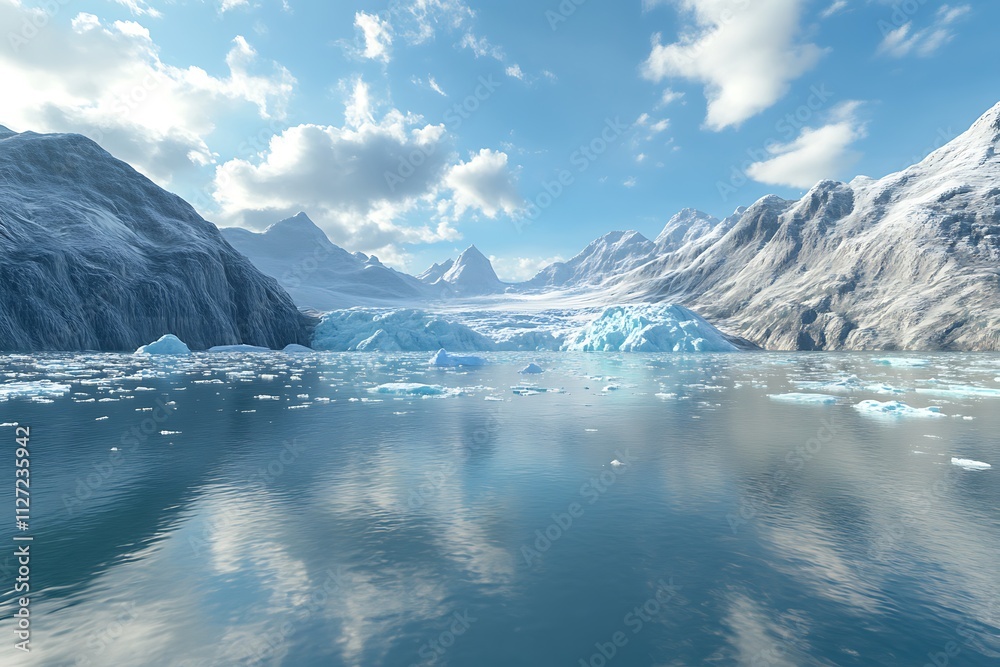 A serene landscape featuring icebergs and mountains under a clear blue sky. A serene landscape featuring icebergs and mountains under a clear blue sky.