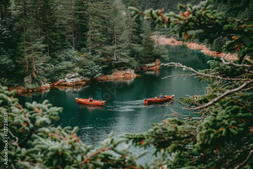 Scenic boats on braies lake, pragser wildsee in the stunning dolomites of south tyrol, italy photo