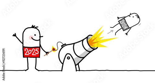 Cartoon 2025 Man with a Cannon and Fire, and a small ejected 2024 guy