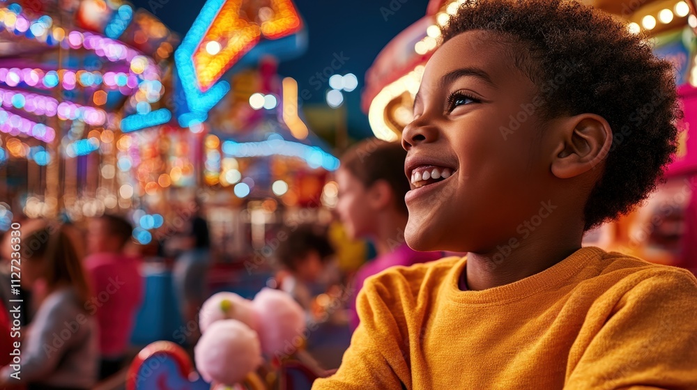 A happy child smiles joyfully, surrounded by bright carnival lights and attractions, capturing the essence of childhood excitement and wonder in a festive atmosphere. A happy child smiles joyfully, surrounded by bright carnival lights and attractions, capturing the essence of childhood excitement and wonder in a festive atmosphere.