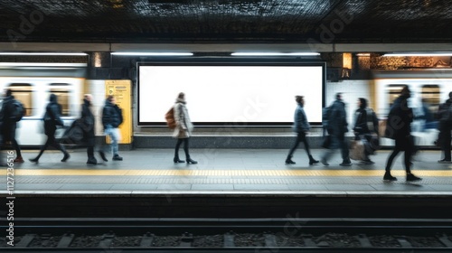 Subway station platform with blurred commuters and a large blank billboard.