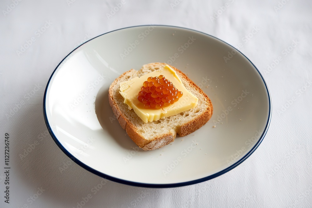 A photo of a slice of bread topped with butter and red caviar A photo of a slice of bread topped with butter and red caviar