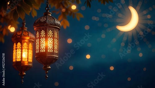 A row of lanterns with a crescent moon in the background, lantern for islamic ramadan celebration