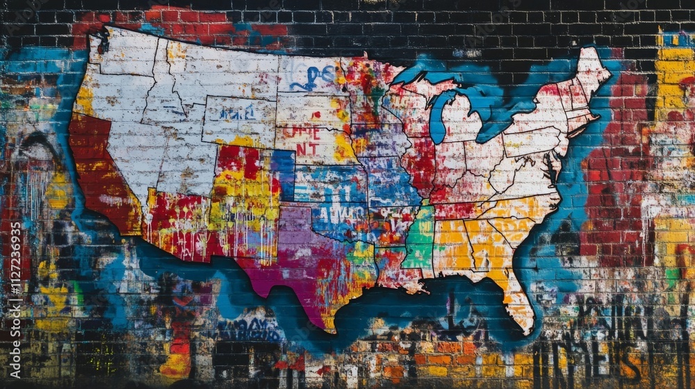 Colorful USA Map Art Against a Brick Wall - A Vibrant and Creative Interpretation of the United States