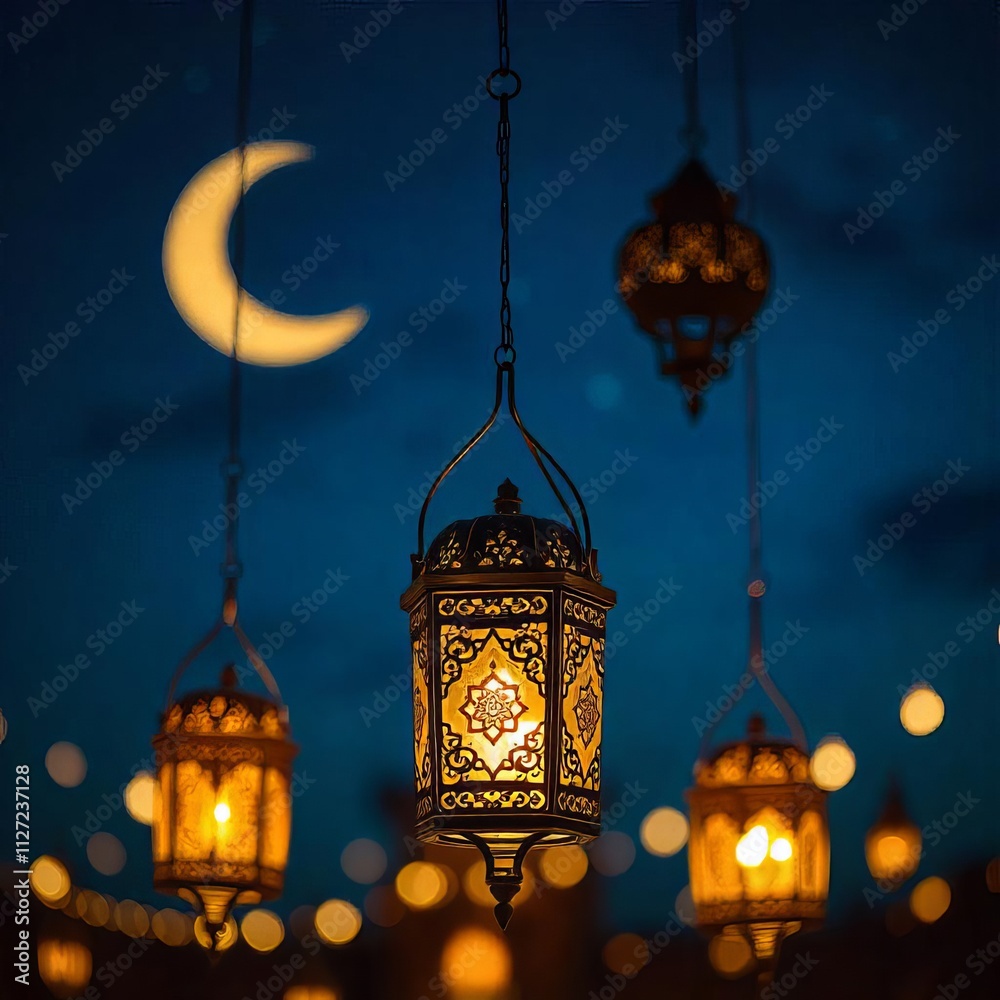 A row of lanterns with a crescent moon in the background, lantern for islamic ramadan celebration A row of lanterns with a crescent moon in the background, lantern for islamic ramadan celebration