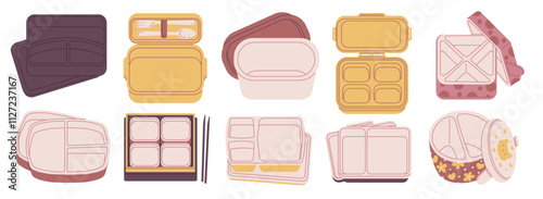 Vector illustration of a set with various Asian empty bento boxes.