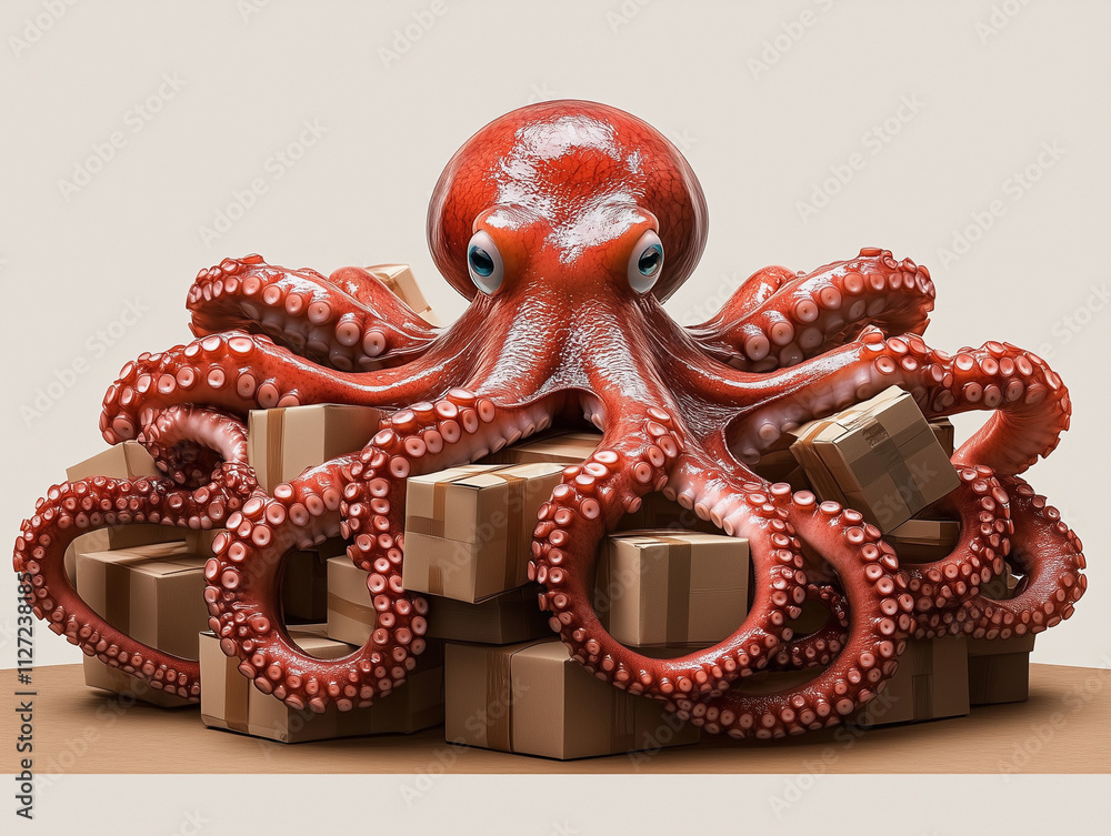 Obraz premium Octopus Parcel Delivery in Vibrant Underwater City