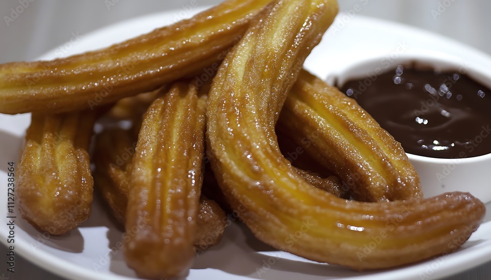 A plate of freshly made churros with a side of rich chocolate dip A plate of freshly made churros with a side of rich chocolate dip