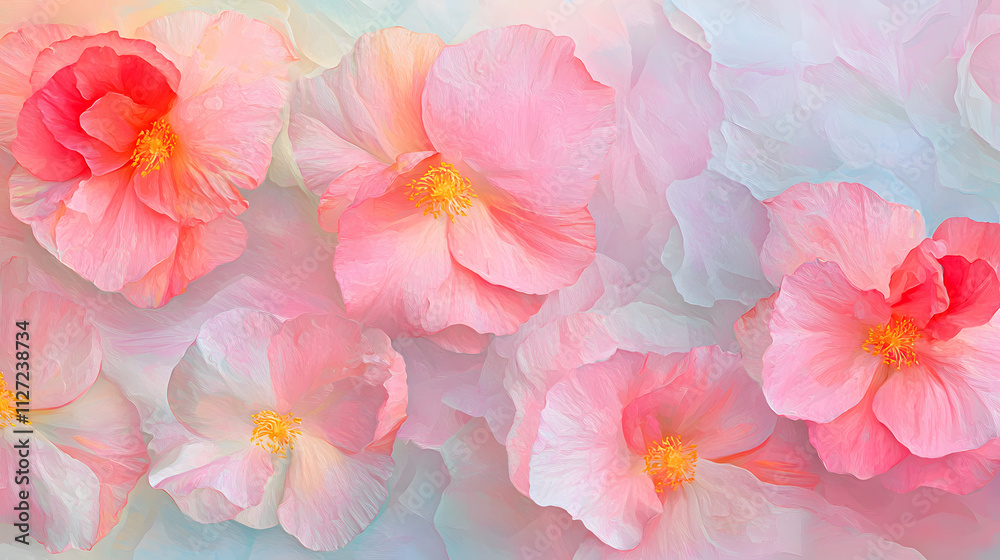 A painting of pink flowers with yellow centers A painting of pink flowers with yellow centers