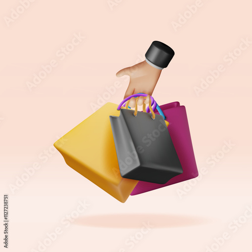 3D shopping bag in hand isolated. Render collection realistic gift bag. Sale, discount or clearance concept. Online or retail shopping symbol. Fashion handbag. Vector illustration