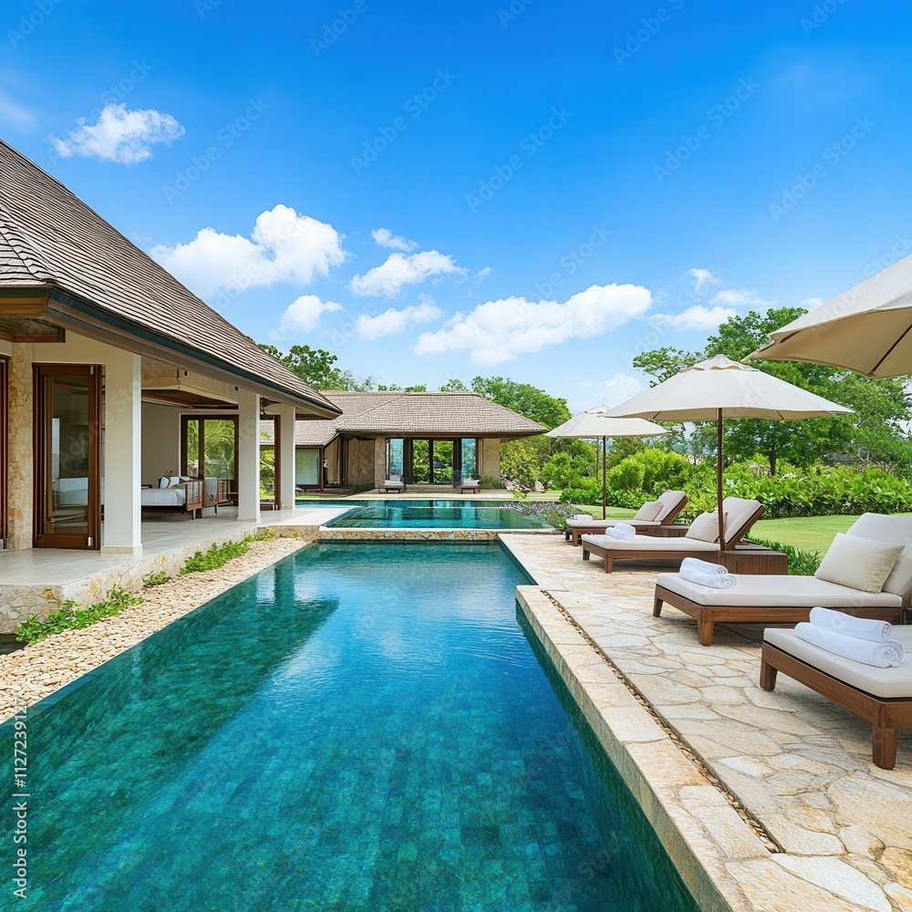Fototapeta premium Secluded Lagoon Villa with Natural Pool and Lush Surroundings