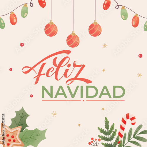 Feliz Navidad, handwritten phrase, translated from Spanish Marry Christmas. Vector New Year's Tinsel illustration