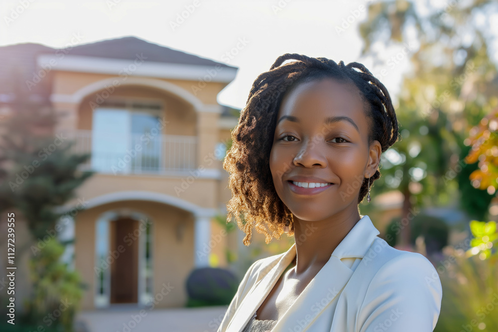 Confident African American young female standing smiling in front of a suburban home Confident African American young female standing smiling in front of a suburban home