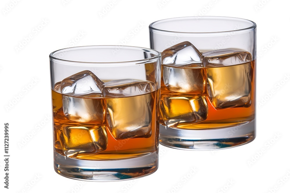A photo of two glasses of cold whiskey with ice A photo of two glasses of cold whiskey with ice