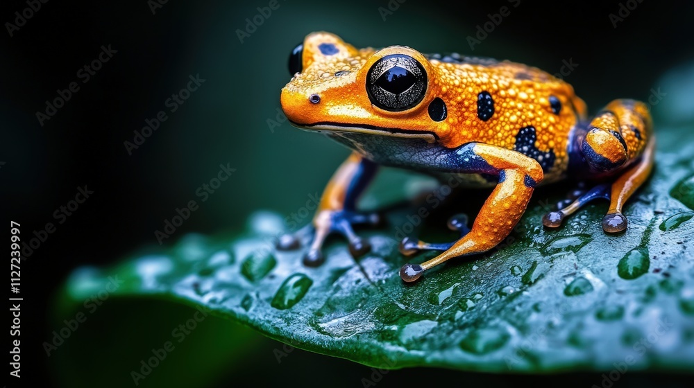 A stunning orange frog perched on a green leaf surrounded by raindrops, showcasing the vibrant colors of nature and the beauty of wildlife in a moist, lush setting. A stunning orange frog perched on a green leaf surrounded by raindrops, showcasing the vibrant colors of nature and the beauty of wildlife in a moist, lush setting.