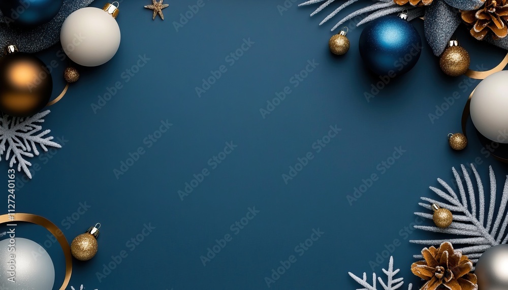 A festive arrangement of blue, gold, and white Christmas ornaments with pinecones and foliage against a dark blue background. A festive arrangement of blue, gold, and white Christmas ornaments with pinecones and foliage against a dark blue background.