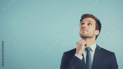 Thoughtful businessman looking up touching his chin, planning and strategizing on a blue background