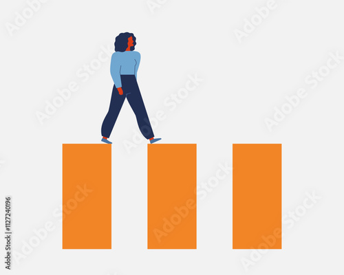 Woman moves forward through motivation. Male raising up with effort and ambitions on business success stairs. Career personal growth and development. Self belief concept. Vector illustration
