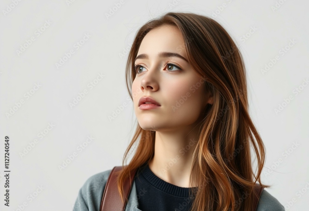 Half-length portrait of a young woman with a neutral expression Half-length portrait of a young woman with a neutral expression