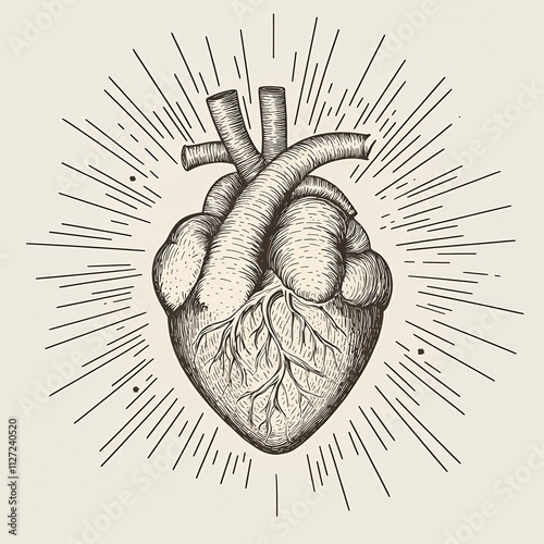 Human heart anatomically correct hand drawn line art and dotwork. Flash tattoo or print design vector illustration