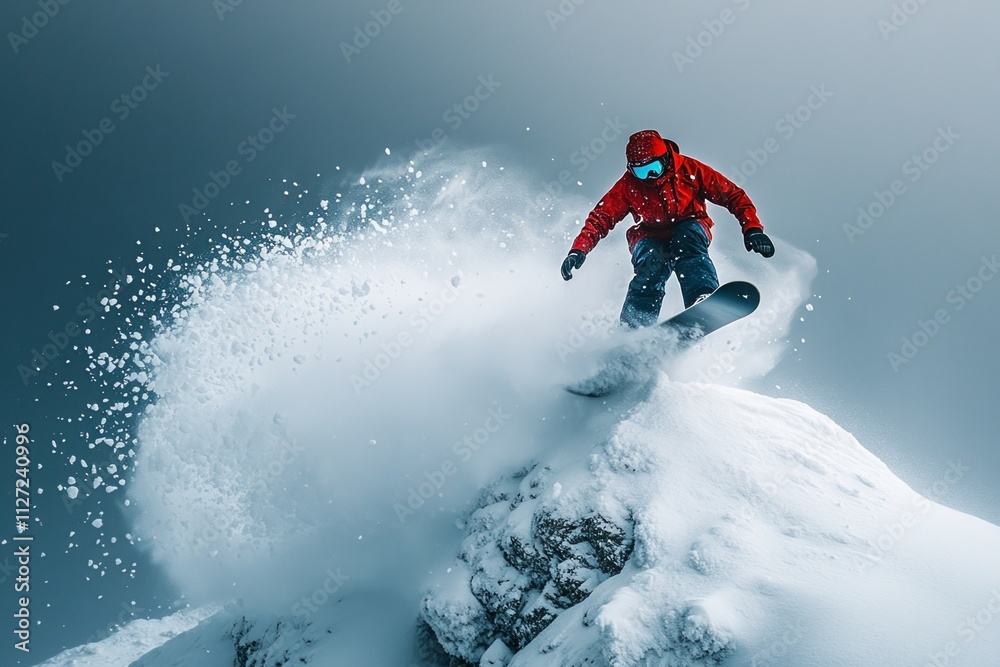 Snowboarder in red jacket gracefully carving through fresh snow on mountain peak in dynamic winter scene, extreme sports concept Snowboarder in red jacket gracefully carving through fresh snow on mountain peak in dynamic winter scene, extreme sports concept