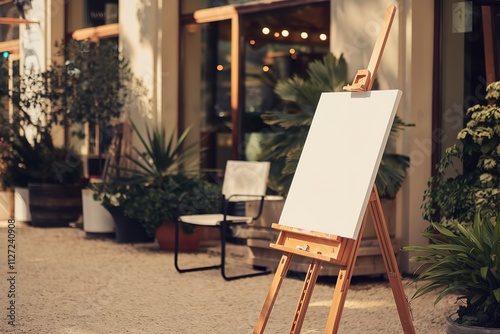 a wooden easel with a blank white canvas.